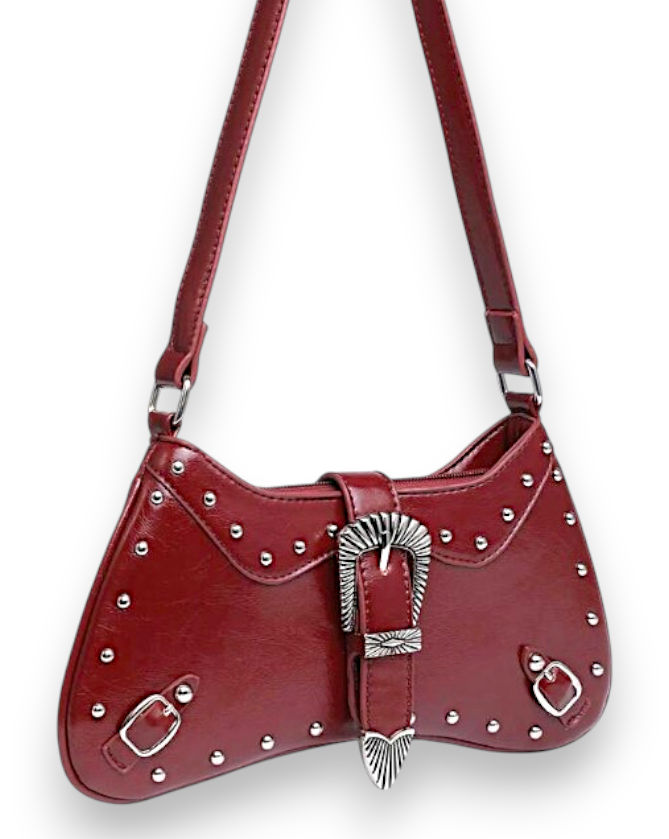 Women's Western Cowgirl Burgundy Studded Crossbody Bag Silver Buckle Purse NEW